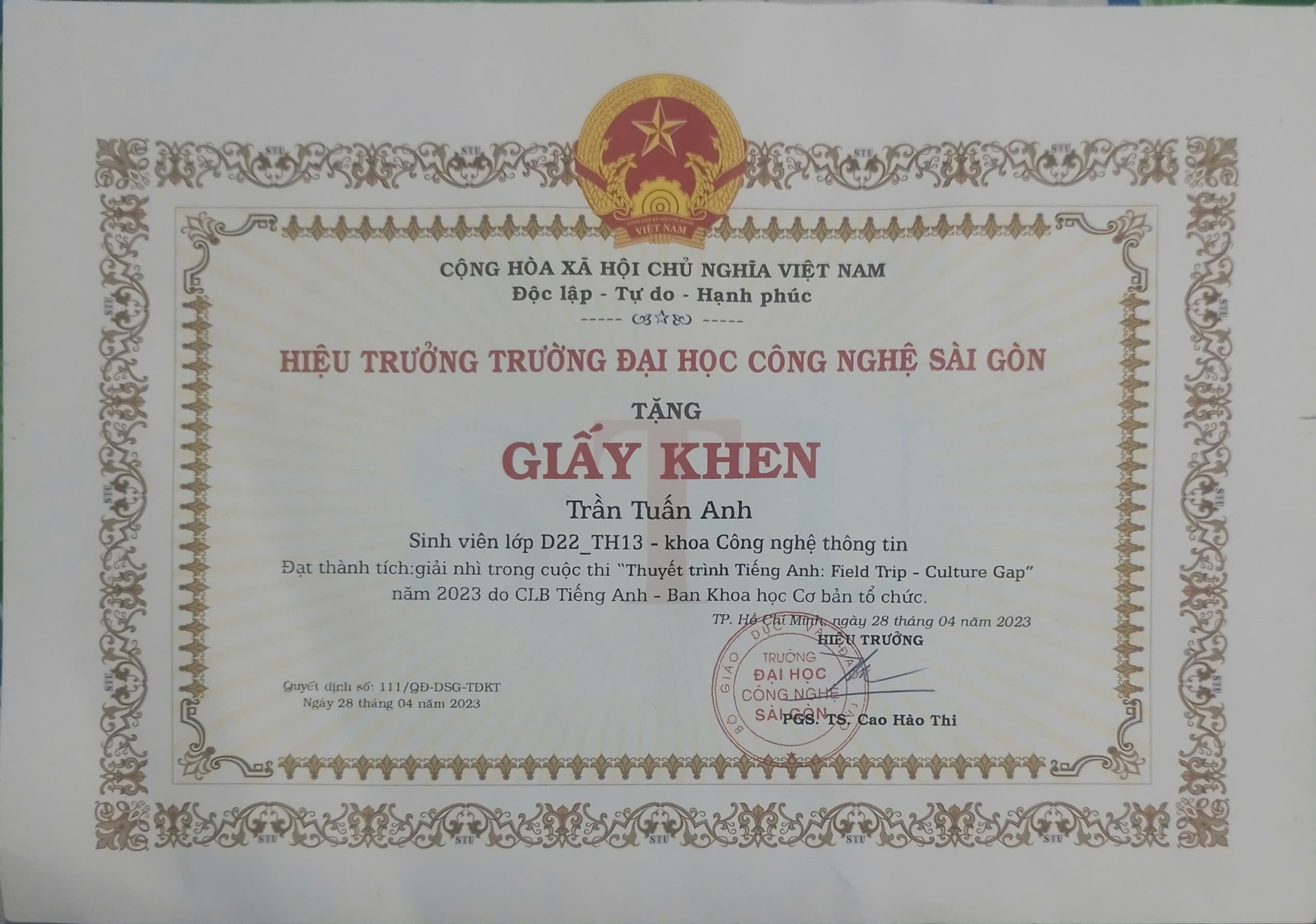 Giấy Khen Giải Nhì CLB Tiếng Anh